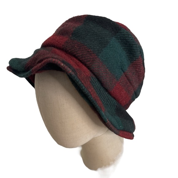 VINTAGE WOOL BLEND BURGUNDY GREEN & BLACK PLAID BUCKET HAT CLASSIC CASUAL - Picture 5 of 7